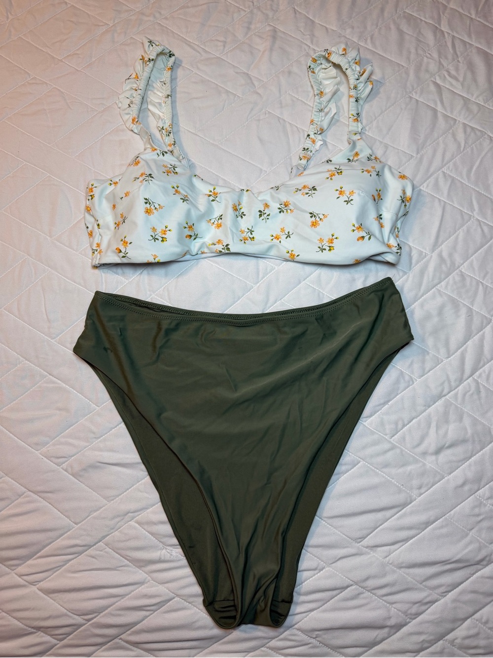 Floral Ruffle Strap Bikini Top with High-Waist Bottoms